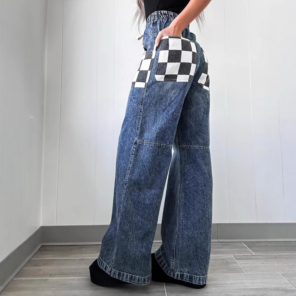 Loose Plaid Contrast Color Women's Denim Trousers