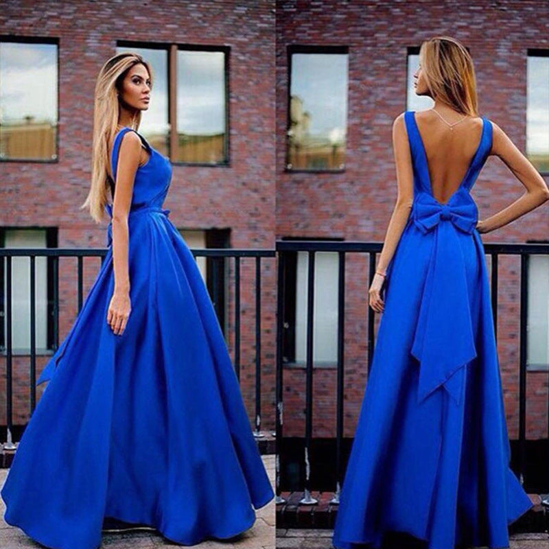 Deep V Neck Sleeveless Backless Bow Ball Evening Dress