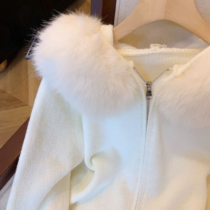 Double Zipper Fur Collar Stitching Design Sense Hooded Knit Cardigan