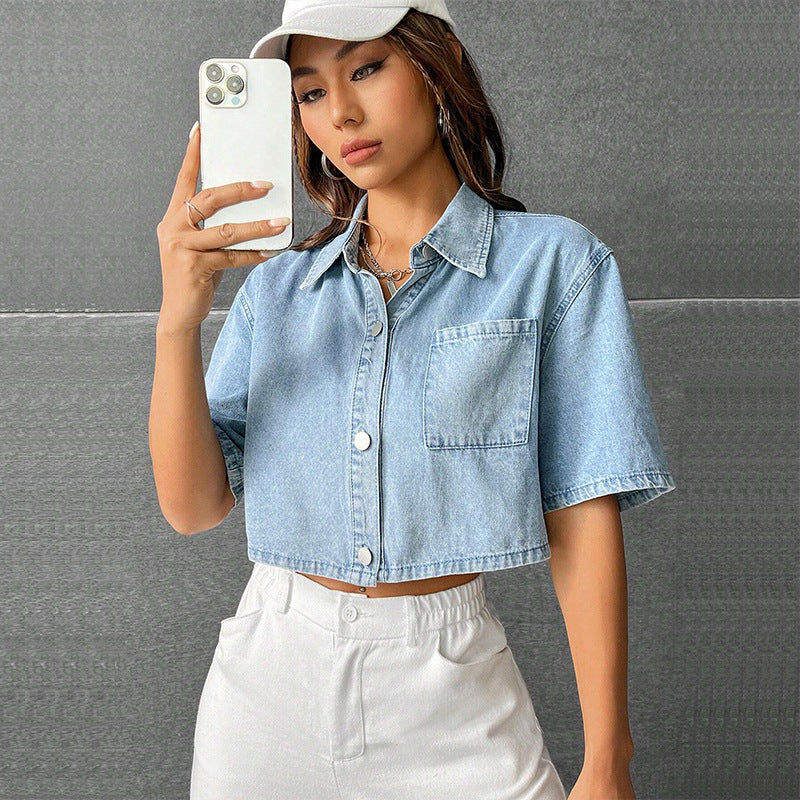 Fashion Thin Denim Small Waistcoat Short Sleeve Shirt