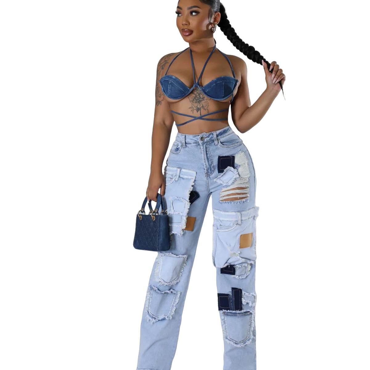 Casual Printed Patch Hole Denim Straight-leg Pants