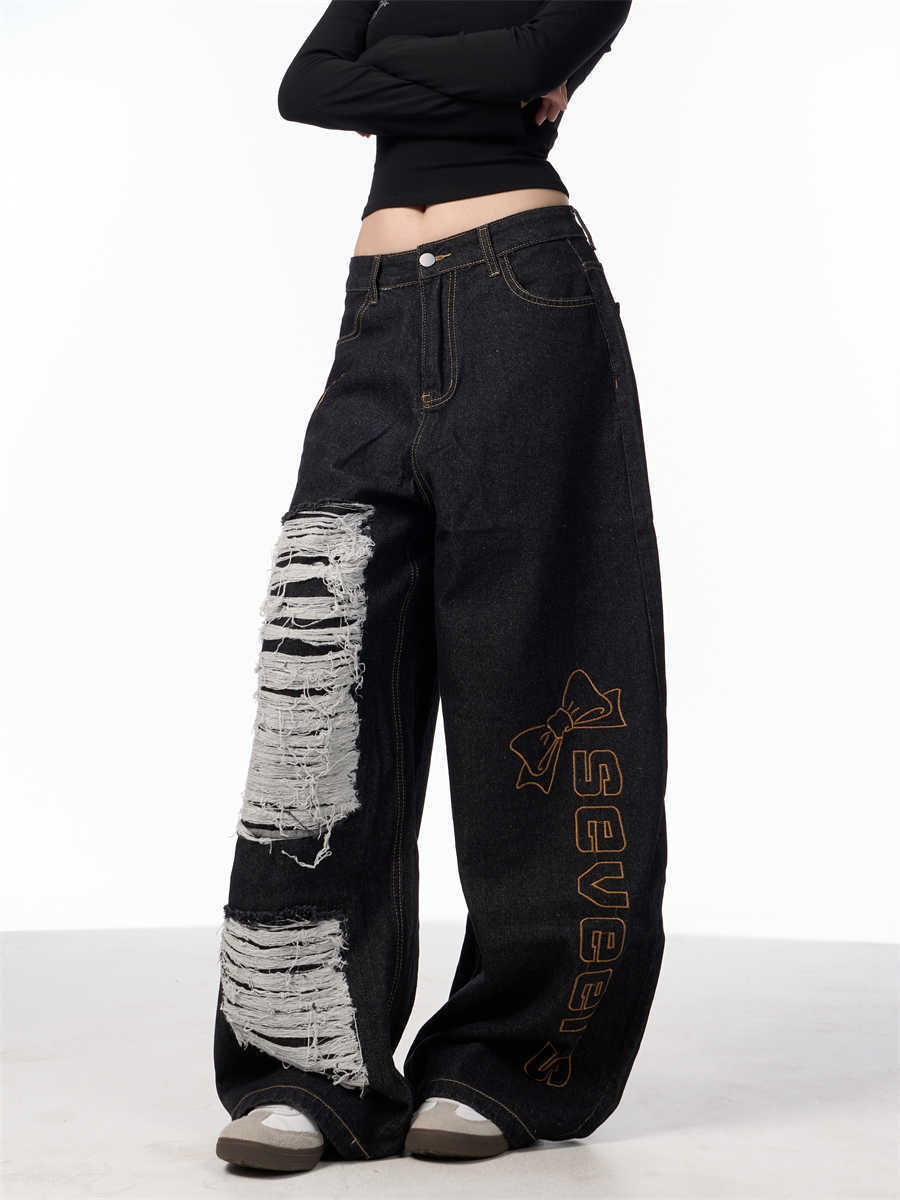 Retro Alphabet Embroidered Jeans Women's Loose Straight Wide-leg Pants