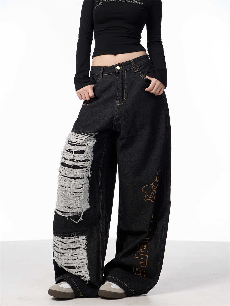 Retro Alphabet Embroidered Jeans Women's Loose Straight Wide-leg Pants