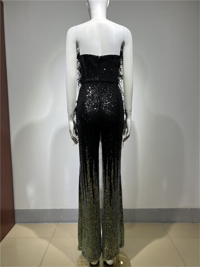 Ostrich Feather Gradient Sequin Tube Top Jumpsuit