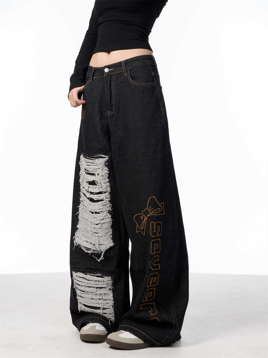 Retro Alphabet Embroidered Jeans Women's Loose Straight Wide-leg Pants