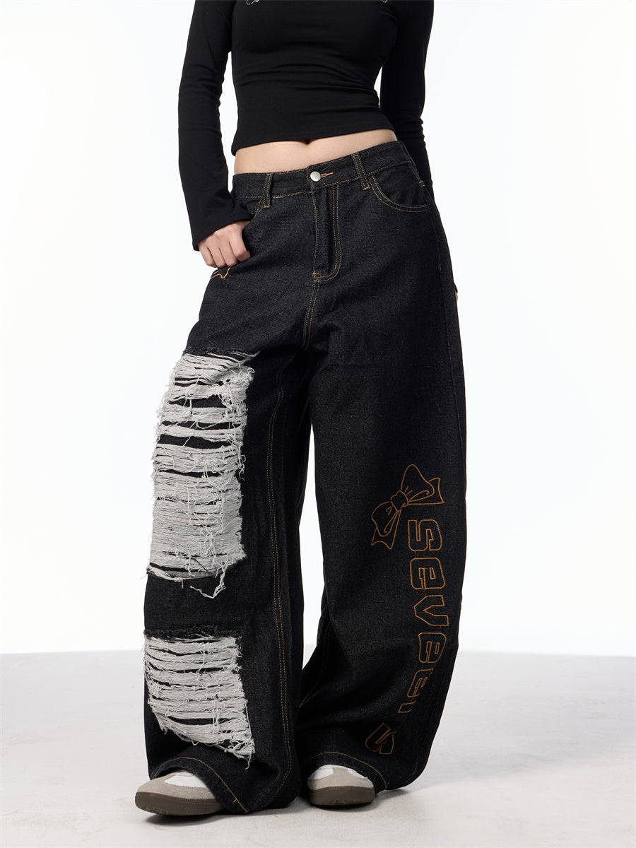 Retro Alphabet Embroidered Jeans Women's Loose Straight Wide-leg Pants