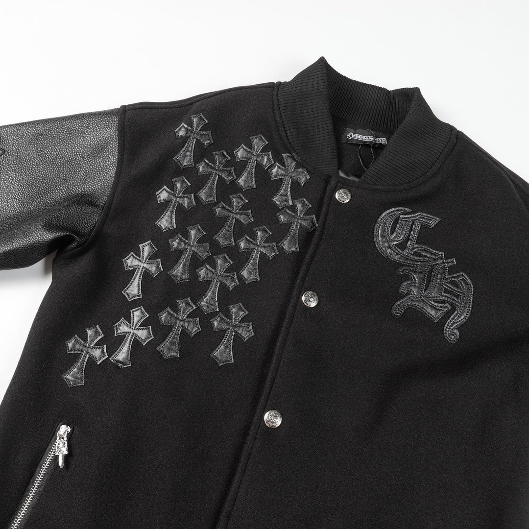 Chrome Hearts Cross Patch Leather Varsity Jacket Black