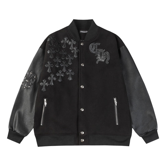 Chrome Hearts Cross Patch Leather Varsity Jacket Black